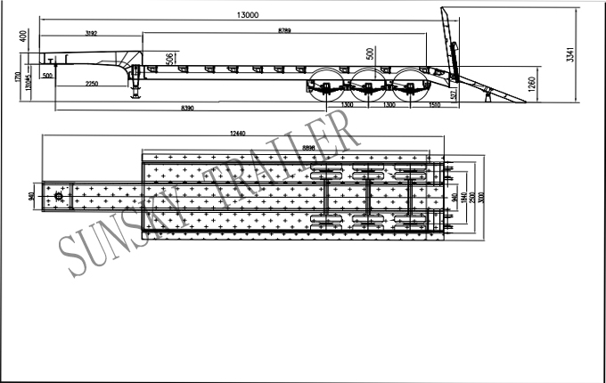 13 meters 3 axles low bed trailer drawing 