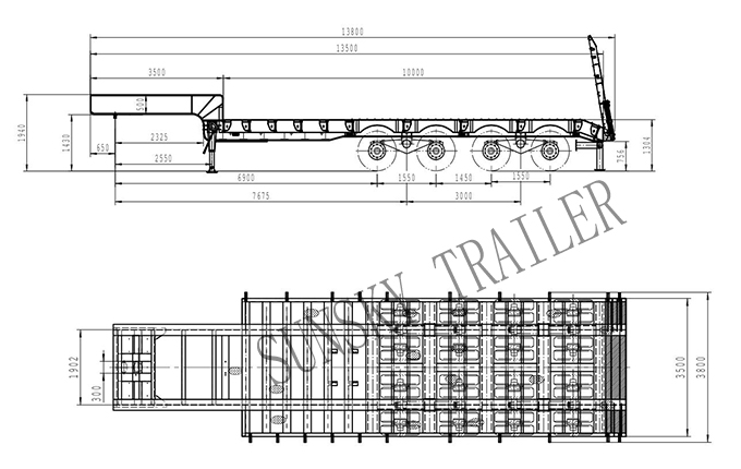 two line four axles low bed trailer drawing 