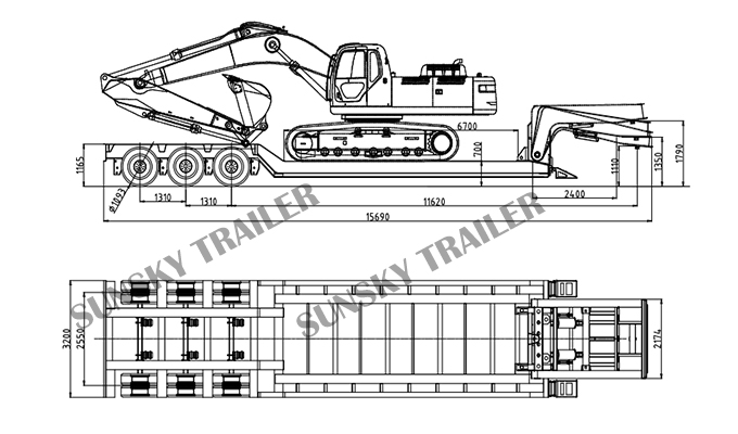 3 axle 70 tons separated gooseneck drawing 