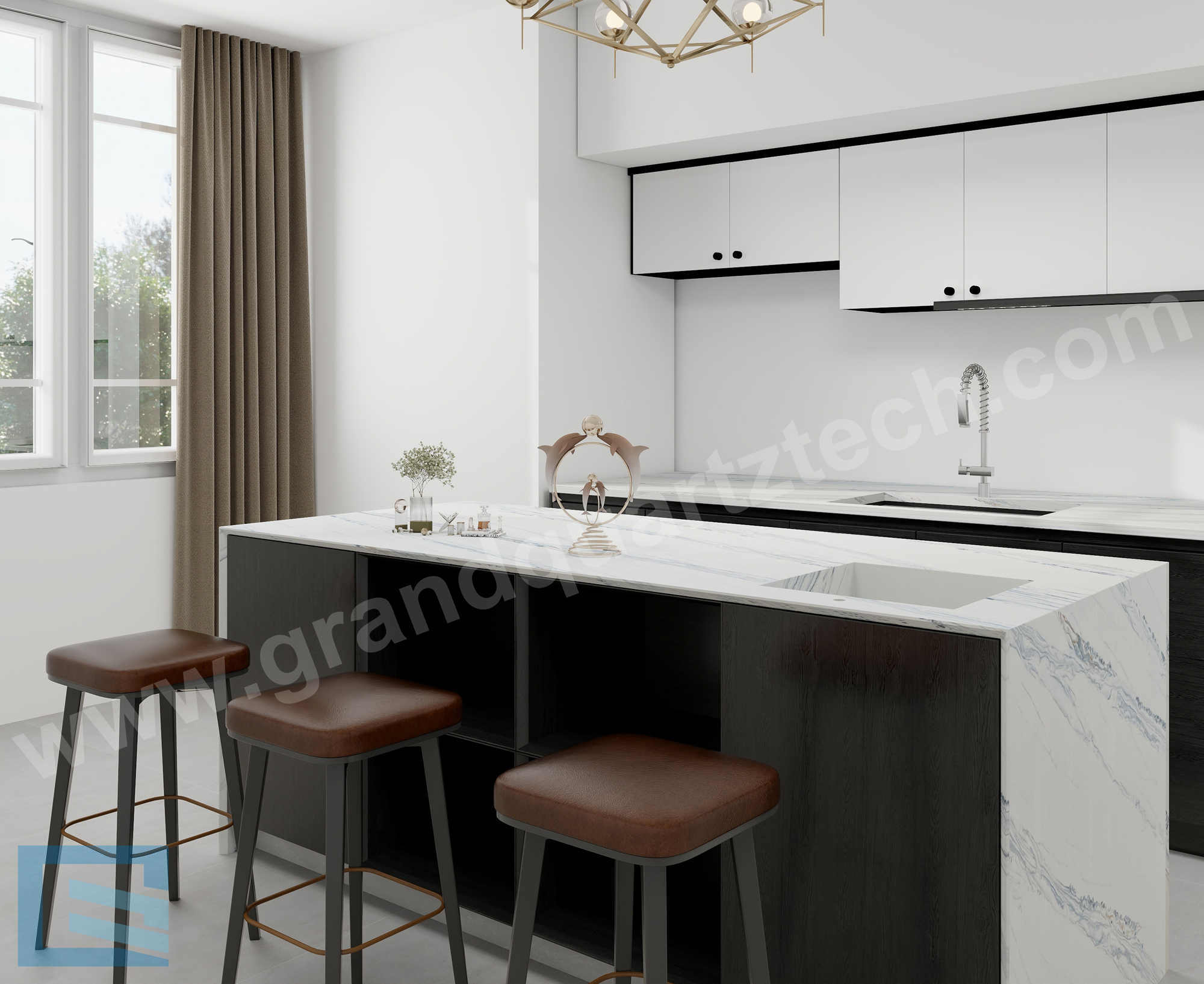 calacatta quartz with blue veins 