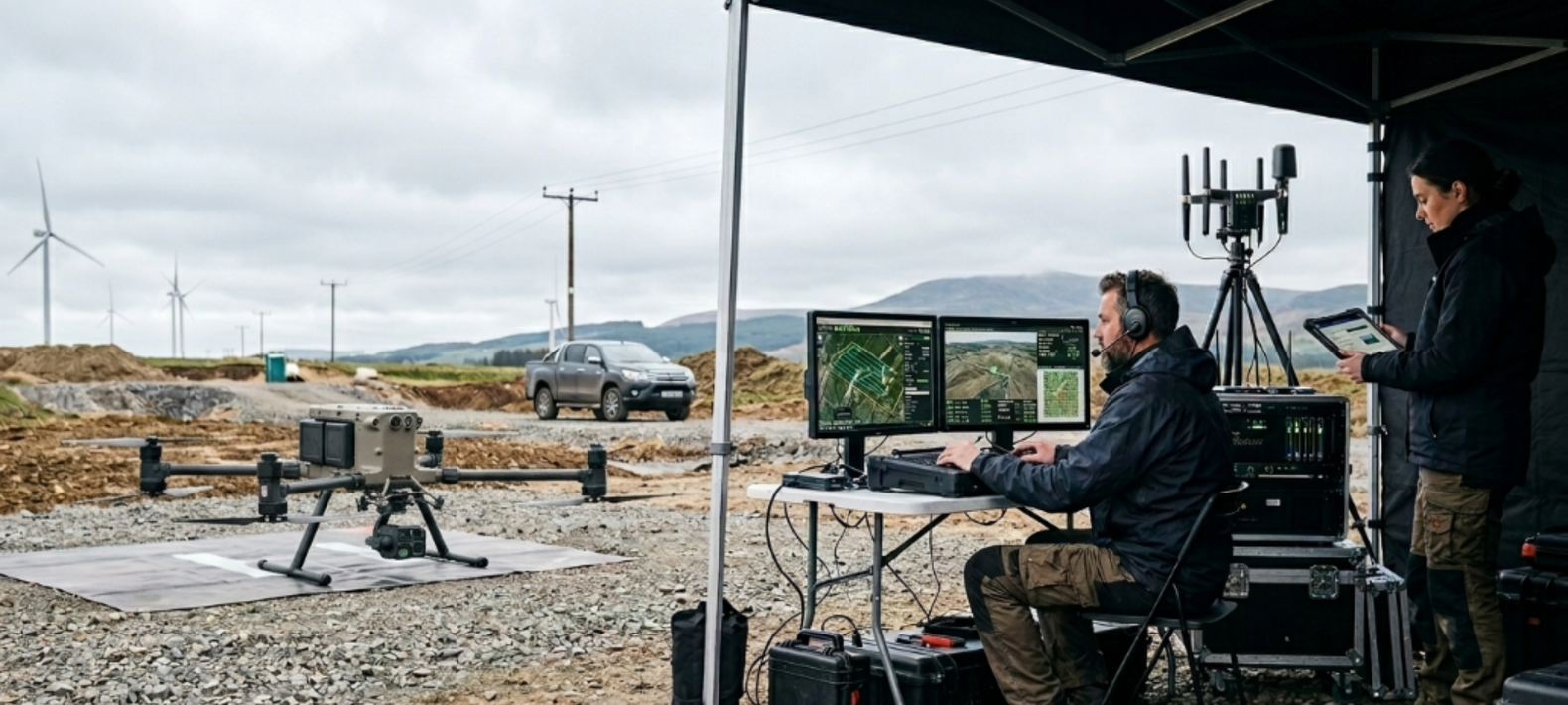Field deployment scene showing an industrial UAV, operator console, monitoring screens, antennas, and ground control setup in an outdoor mission environment.