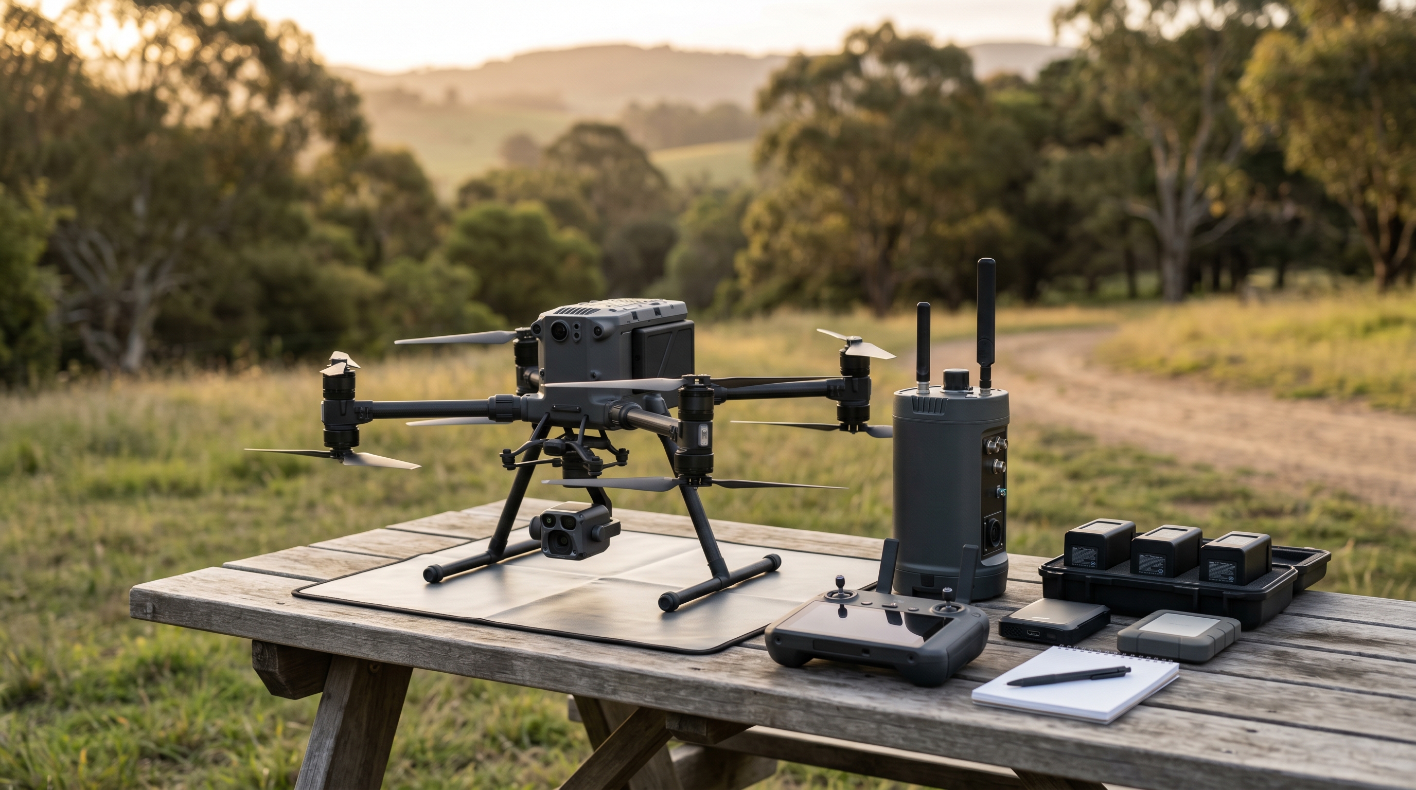 UAV and communication equipment arranged in a clean outdoor deployment setup, highlighting readiness for dependable field operations. 