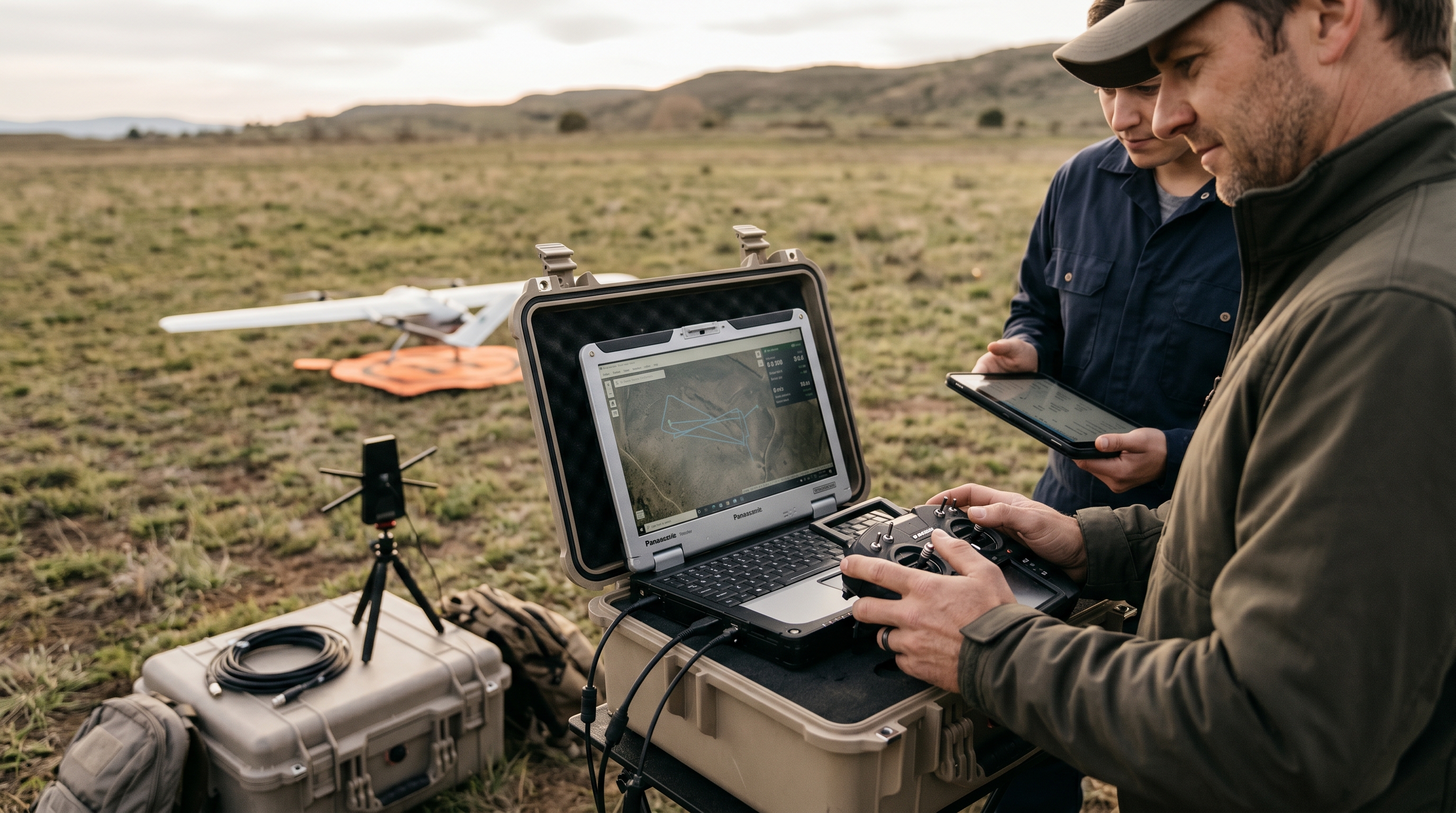 Field operators using a portable UAV control and monitoring setup outdoors, showing real-time mission oversight and communication decision-making. 