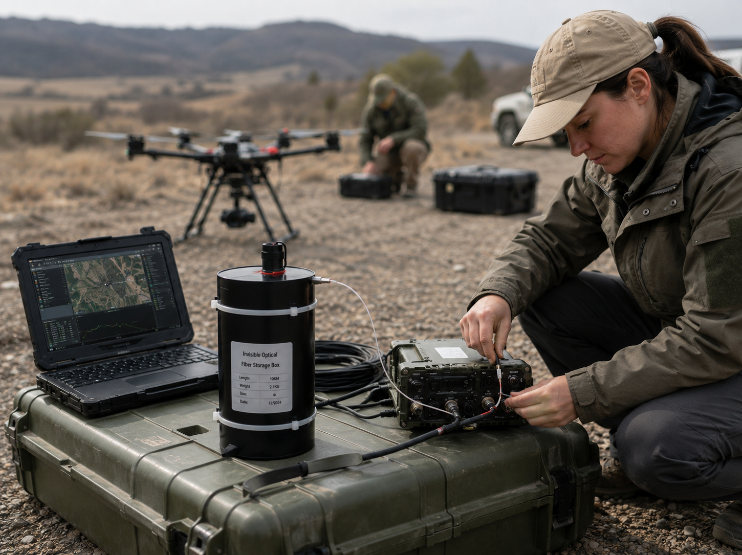This image shows an engineer connecting fiber communication equipment during a UAV field deployment. The scene highlights how fiber-based communication hardware supports real-world mission readiness, control continuity, and operational confidence in advanced UAV applications. 