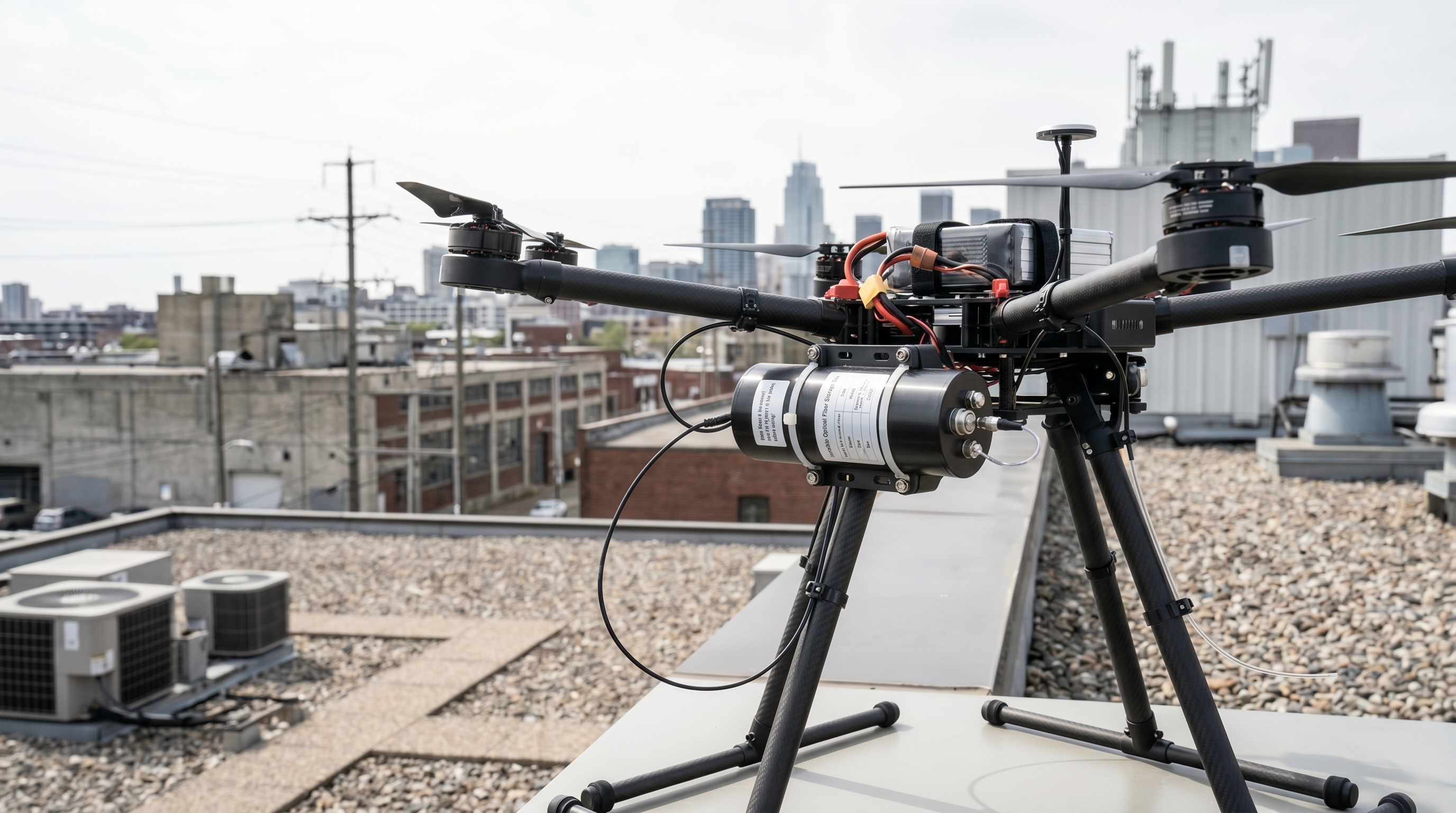A NovaLynx-style fiber optic reel integrated into a UAV platform for dense, obstructed, RF-sensitive urban mission environments where communication predictability matters.