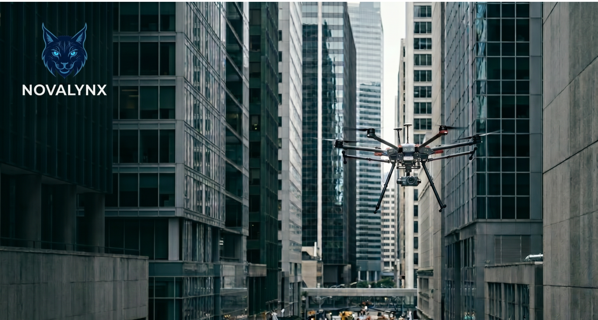 Urban UAV flying between dense buildings where obstruction and reflection make communication predictability critical.
