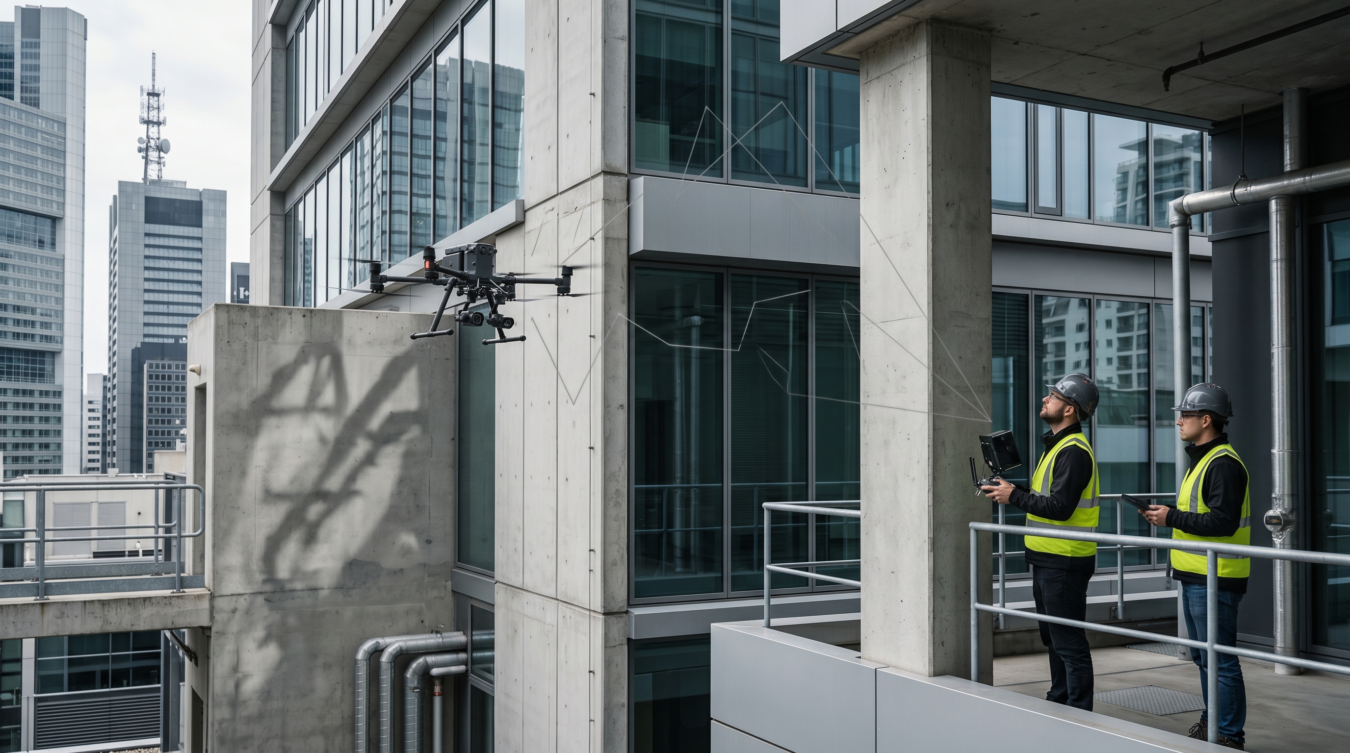 A UAV inspection scenario near concrete and glass building structures, showing how obstruction, reflection, and dense urban geometry can make UAV communication less predictable.