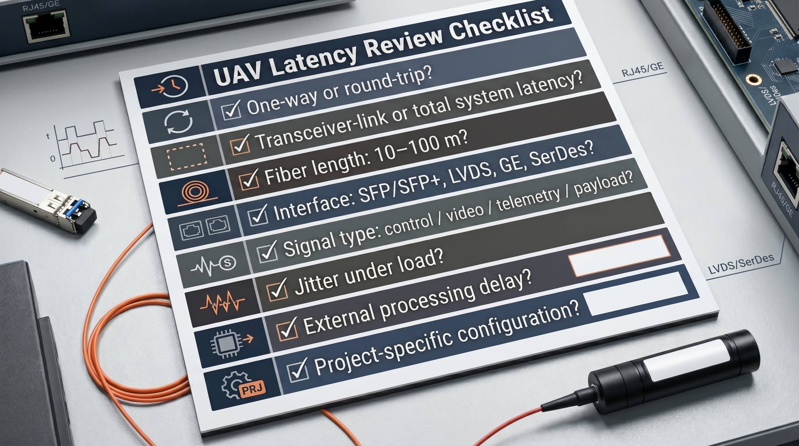 UAV latency review checklist for evaluating low-latency fiber transceiver performance before field testing, including one-way latency, round-trip latency, test boundary, fiber length, interface type, signal type, jitter, external processing delay, and project-specific configuration. 
