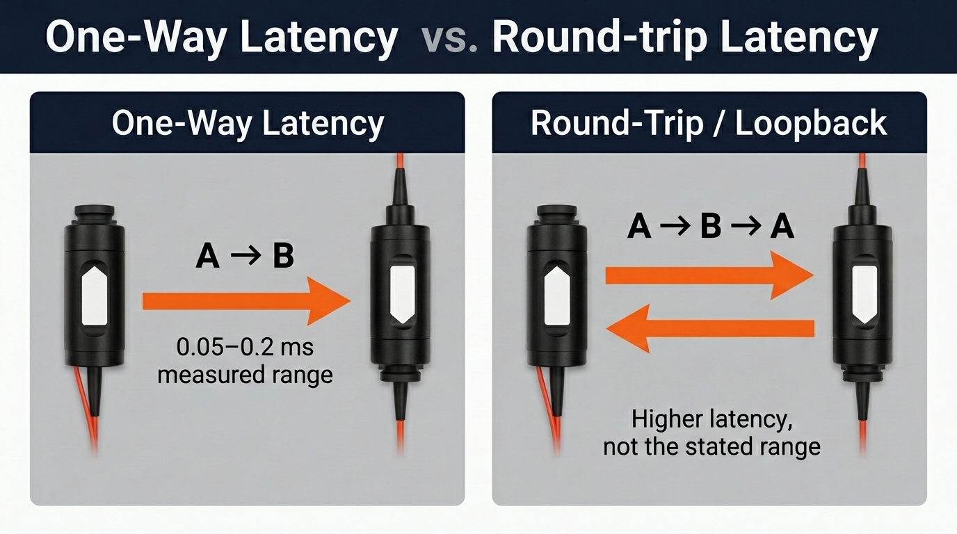 Comparison graphic explaining the difference between one-way latency and round-trip latency in a UAV fiber transceiver link, clarifying that the 0.05–0.2 ms measured range refers to one-way transmission from A to B. 