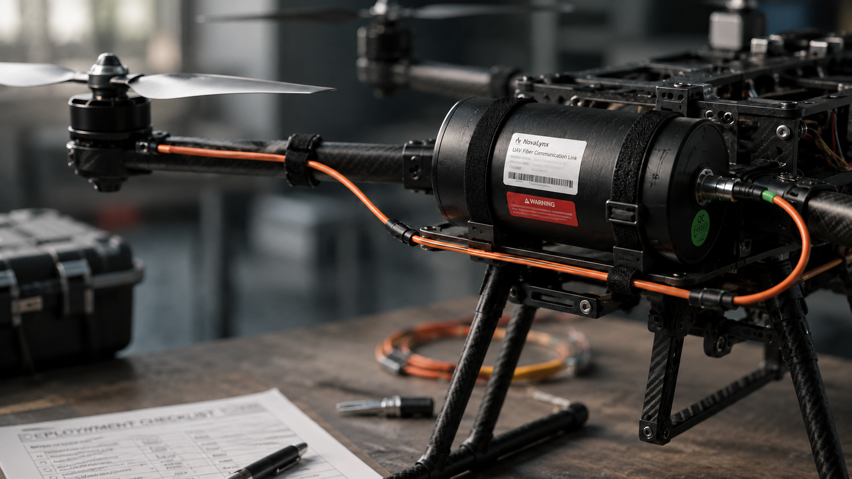 NovaLynx UAV fiber communication link mounted on a UAV frame showing routing pressure, mounting constraints, and deployment review conditions. 