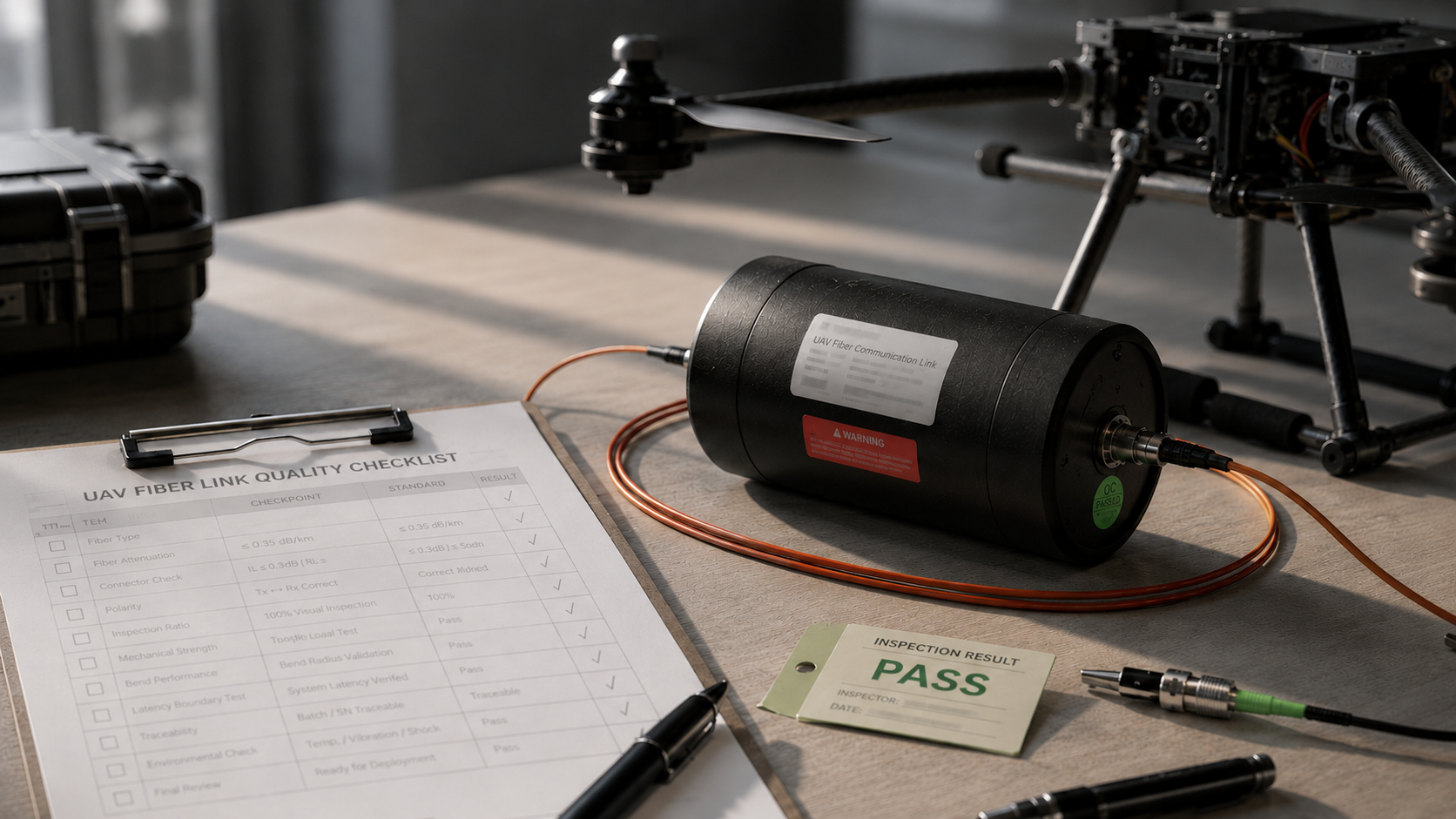 UAV fiber link quality checklist with NovaLynx fiber communication unit, QC pass card, connector inspection, and deployment readiness review. 