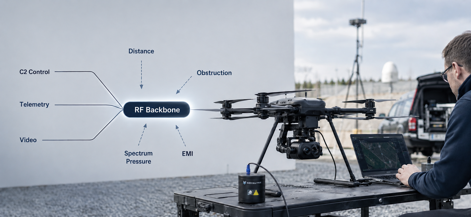 A realistic UAV communication architecture scene showing C2 control, telemetry, and video transmission converging into one RF backbone, highlighting how RF dependency can become a design-level risk in UAV projects.