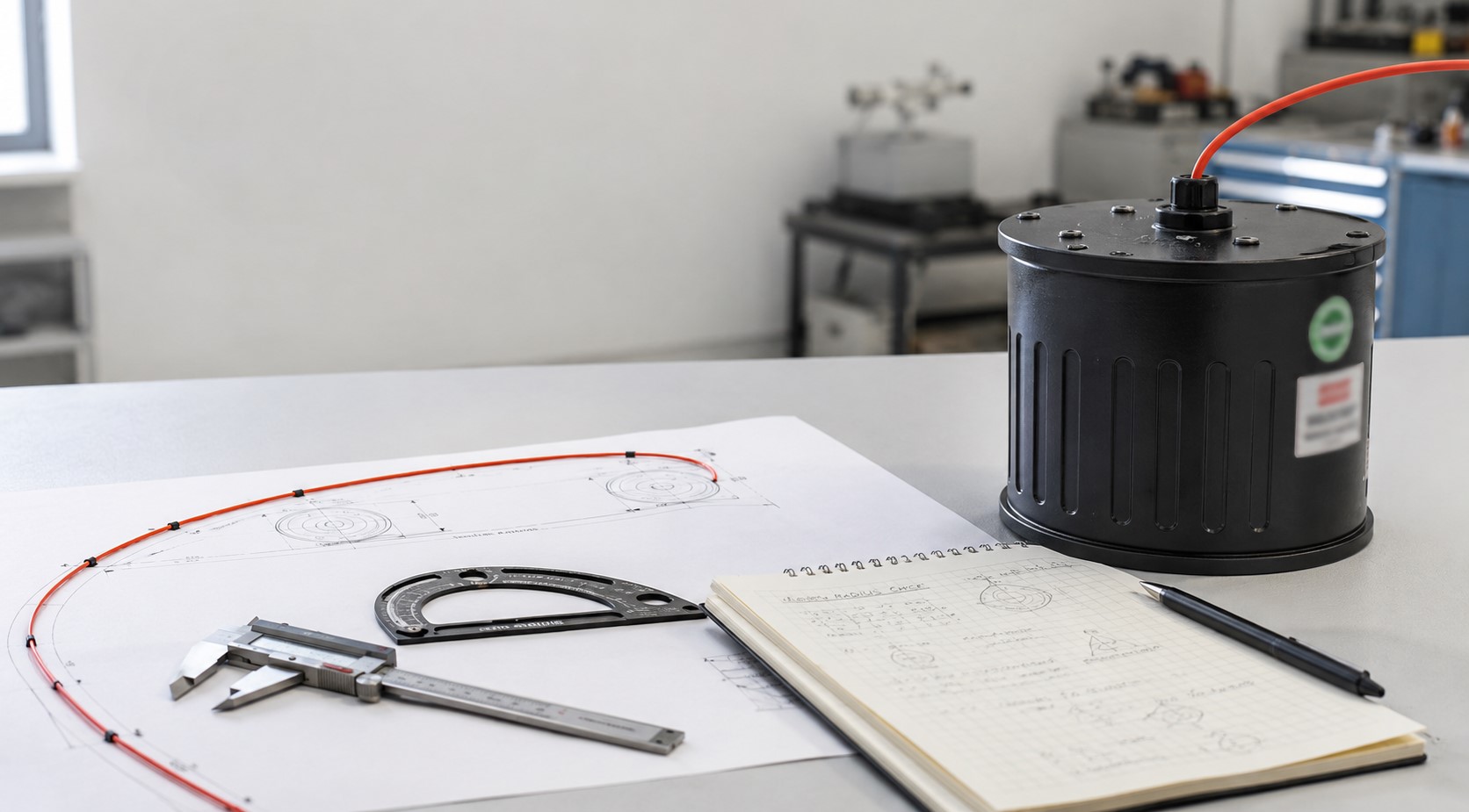 A NovaLynx-style UAV fiber reel placed on an engineering workbench with fiber path drawings, calipers, and bend-radius review tools.