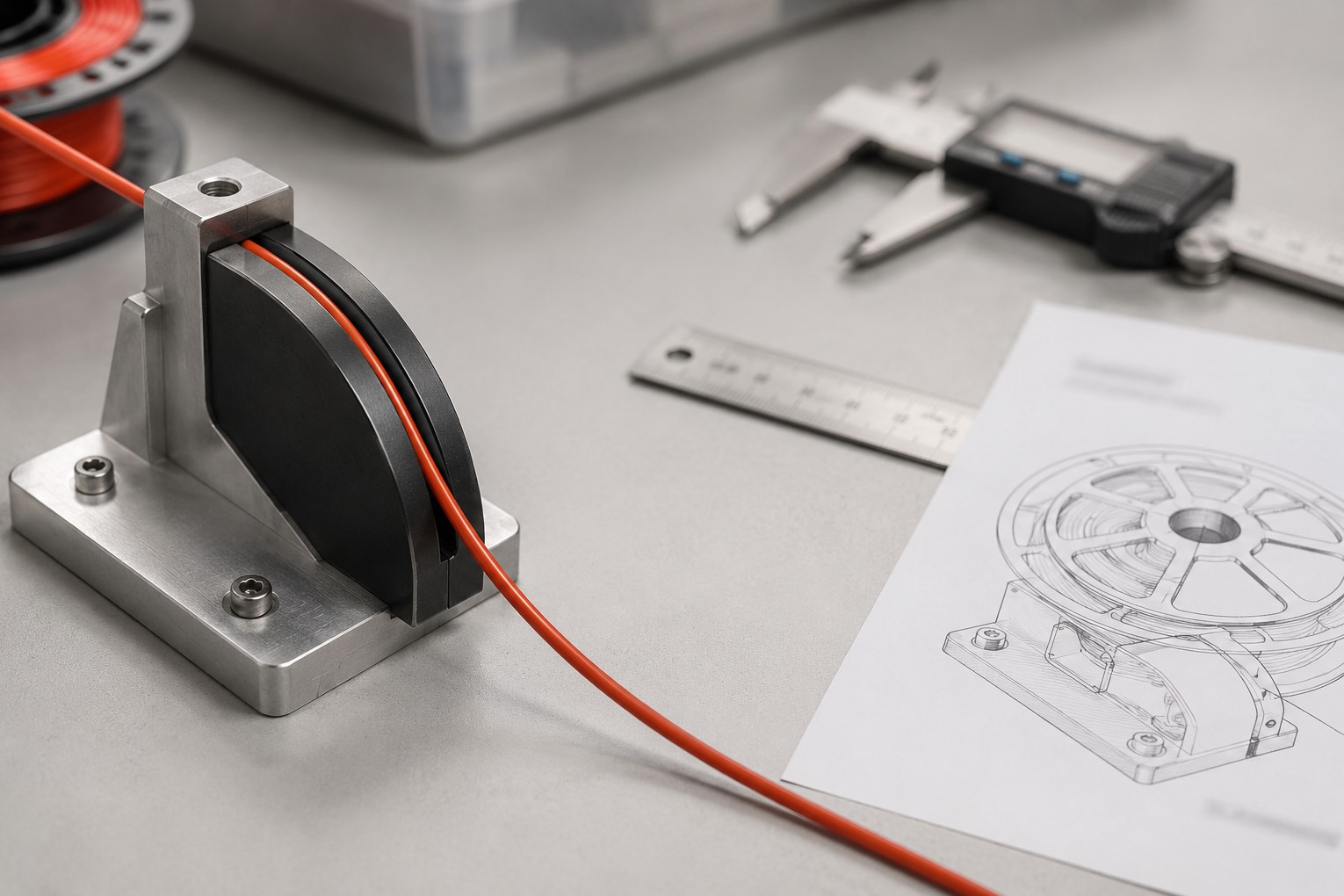 A red optical fiber routed through a controlled bend-radius guide during UAV fiber reel deployment review.