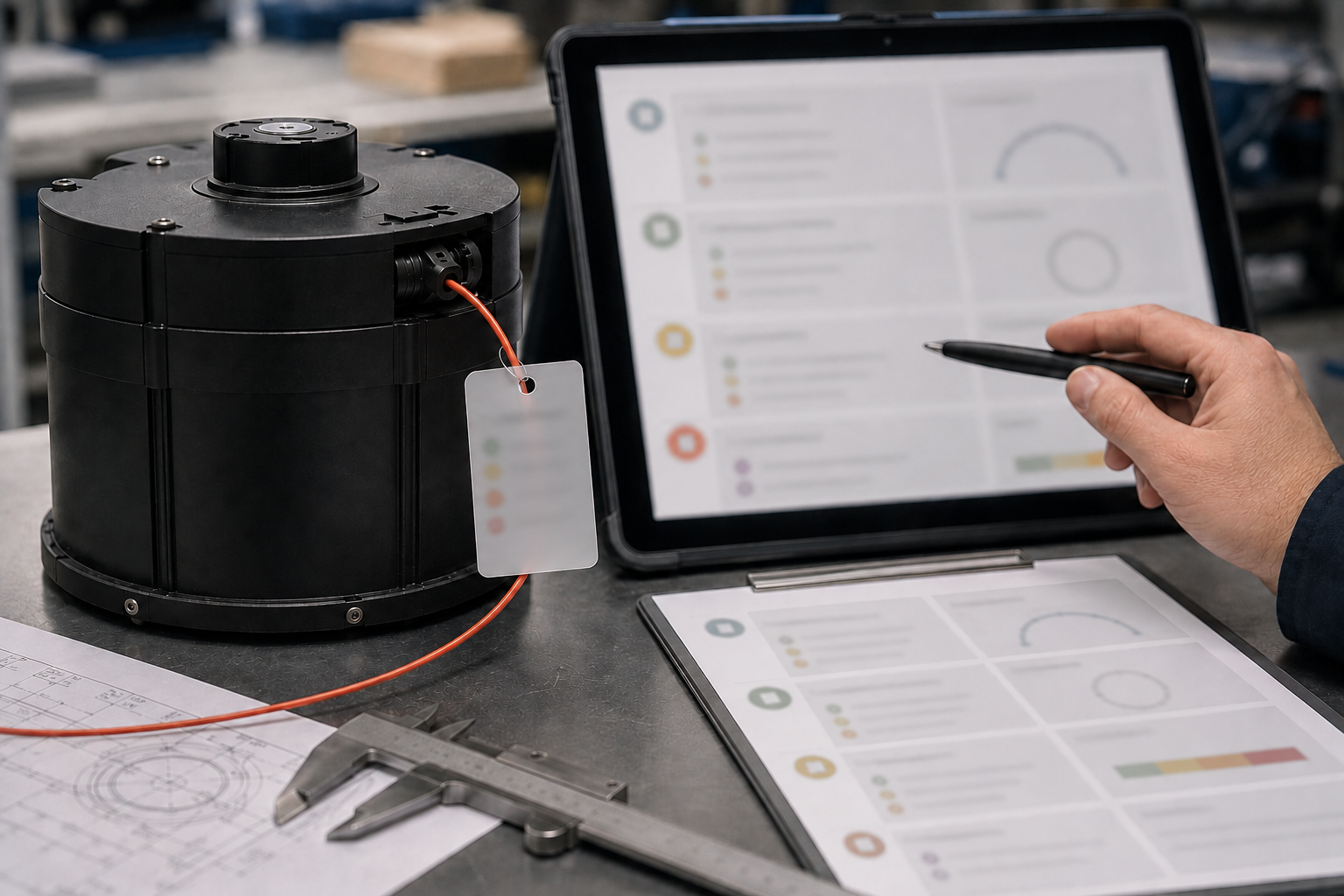 Engineering review scene showing a UAV fiber reel, inspection tag, caliper, and blurred deployment checklist to connect source traceability, QC inspection, bend radius, routing pressure, and link margin review.