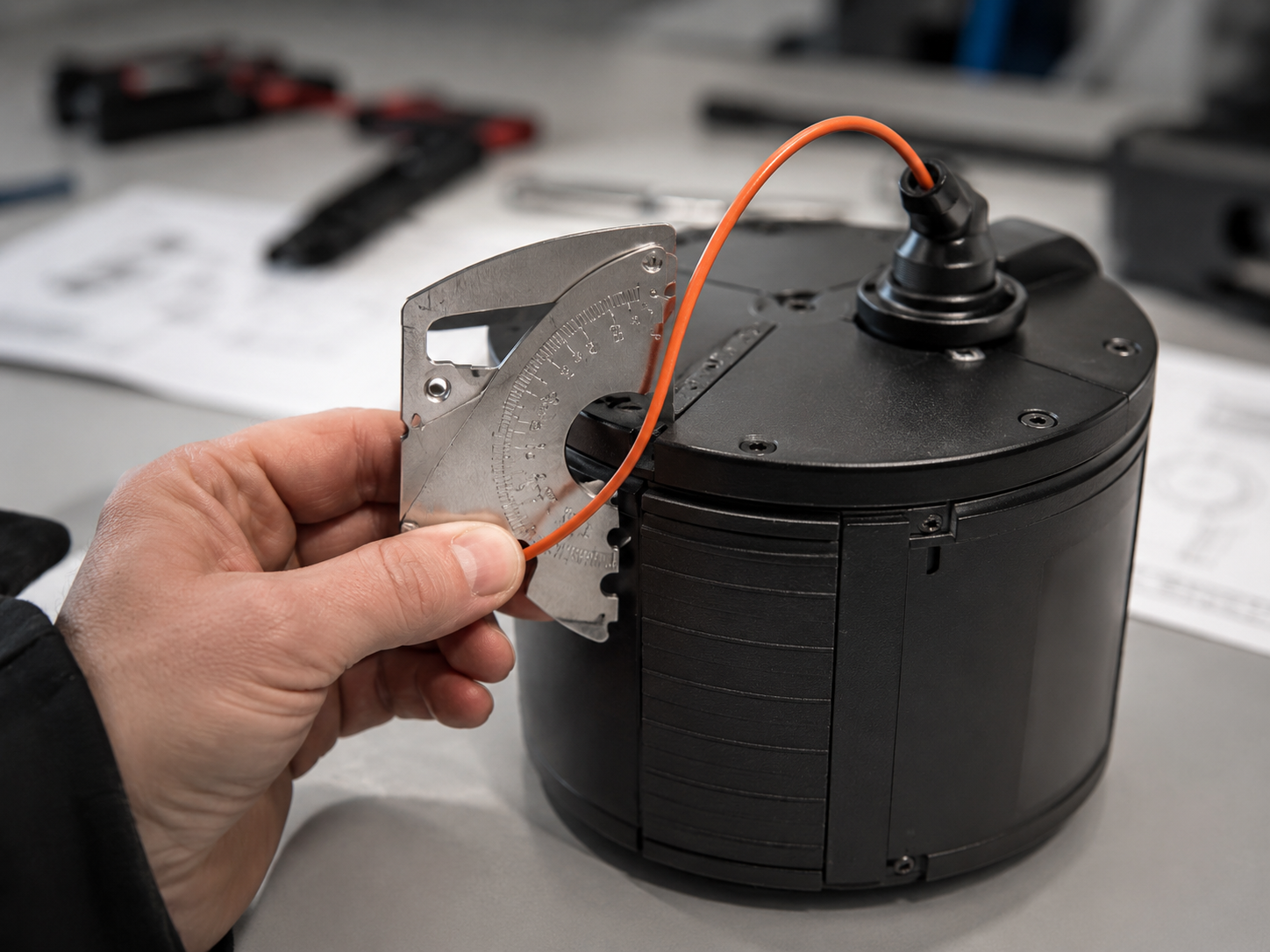 Close-up engineering image showing bend radius inspection at the outlet of a compact UAV fiber reel, highlighting why G.657A2 fiber still needs to be evaluated under real reel deployment conditions.