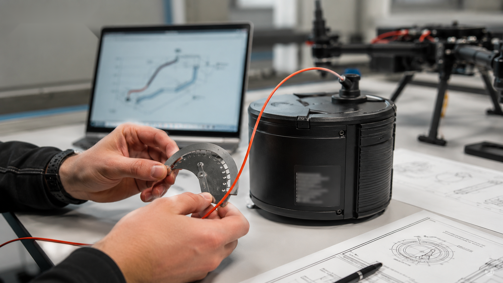 Engineer reviewing bend radius and deployment boundary for a G.657A2 UAV fiber reel